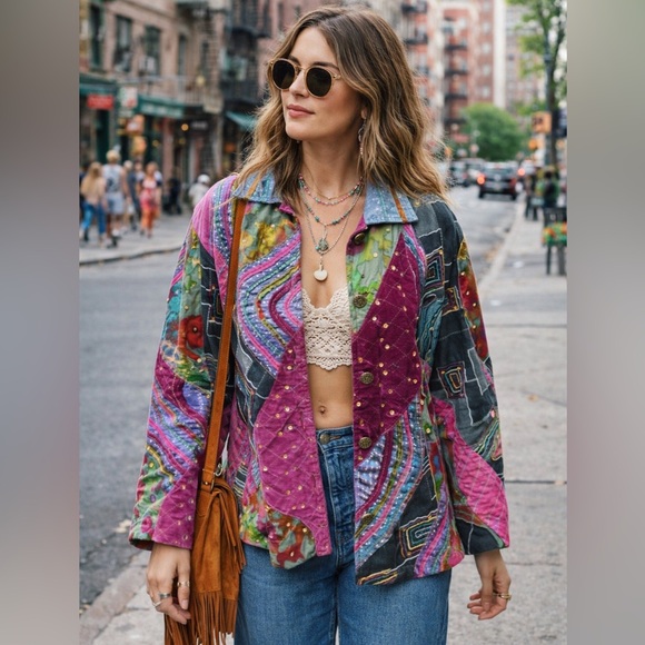Boho Patchwork Quilted Jacket M Colorful Art To Wear Vibrant Sequin Dopamine - Picture 17 of 17